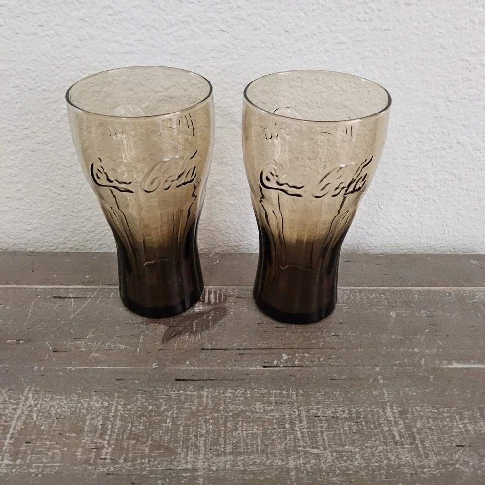 Vintage Coca-Cola Amber Smoke Glass Tumblers Set of 2 Coke Collectible